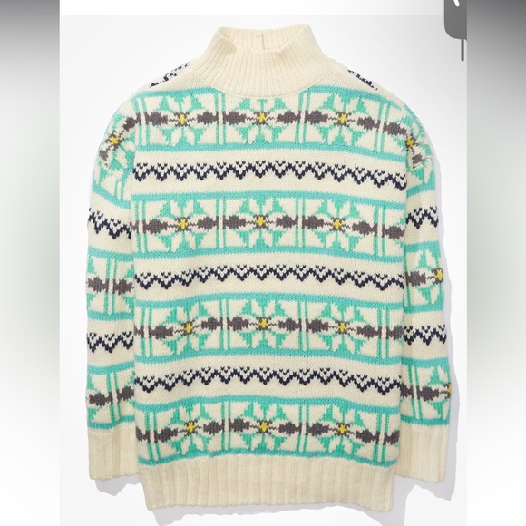 American Eagle Blue Cream Oversized Fairisle Mock Neck Sweater - size S - Picture 2 of 15